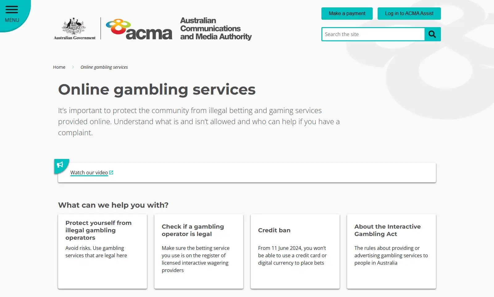 ACMA online gambling guidance page