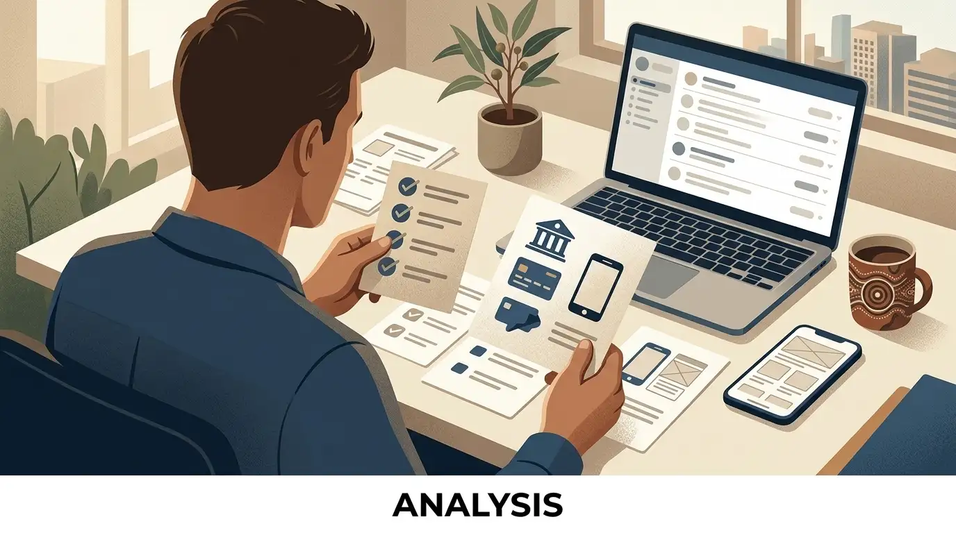 Editorial illustration of an Australian reader comparing casino features and payment options