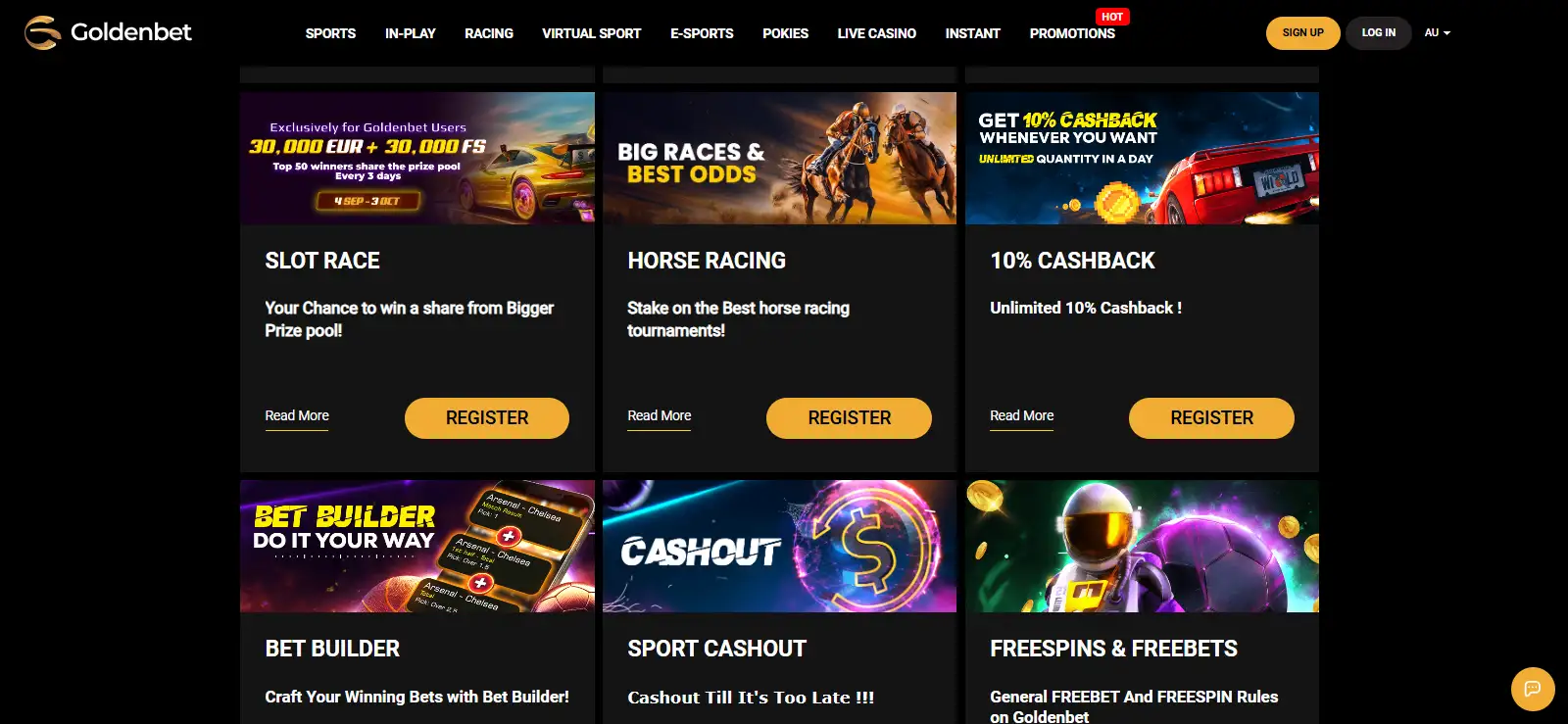 Goldenbet Australia promotions page with AUD-denominated offers