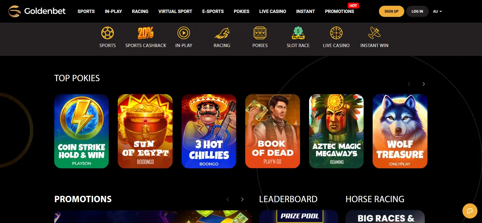 Goldenbet homepage interface showing its main product navigation