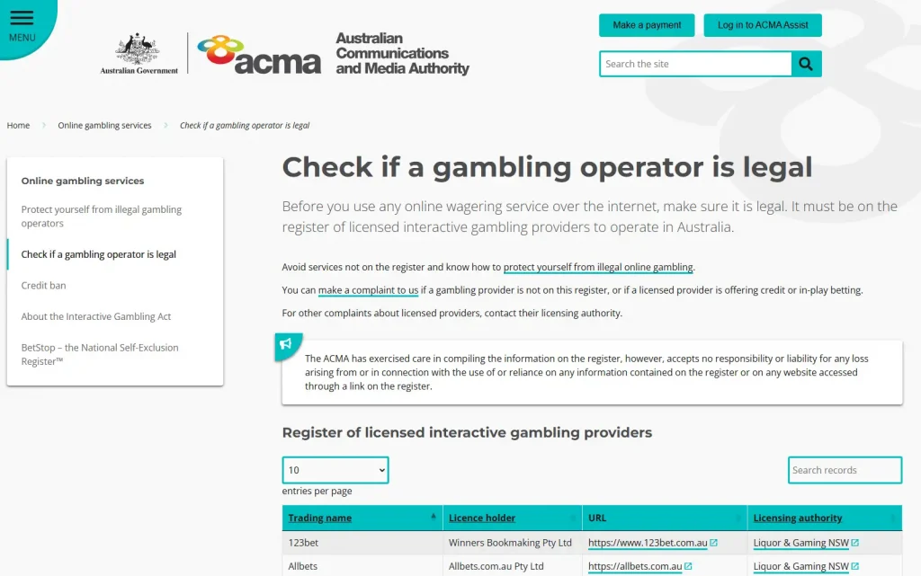 ACMA online gambling guidance or licensed wagering provider register