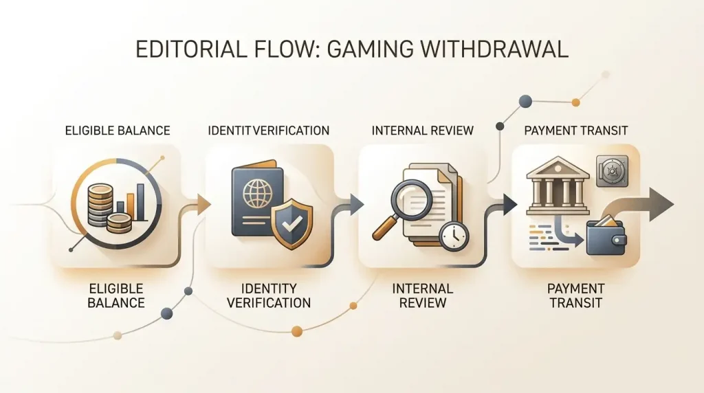 Editorial illustration of a withdrawal moving through eligibility, verification, review and payment transit