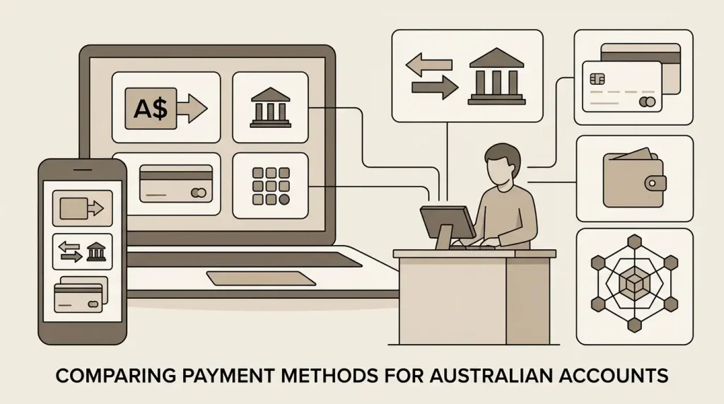 Editorial illustration of AUD deposits, e-wallets, bank transfer and withdrawal checks