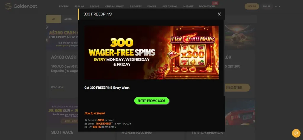Goldenbet 300 free spins promotion on the Australia promotions page