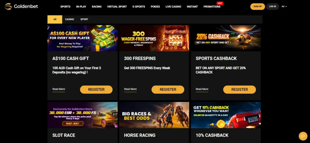 Goldenbet Australia promotions page showing current AUD bonus offers