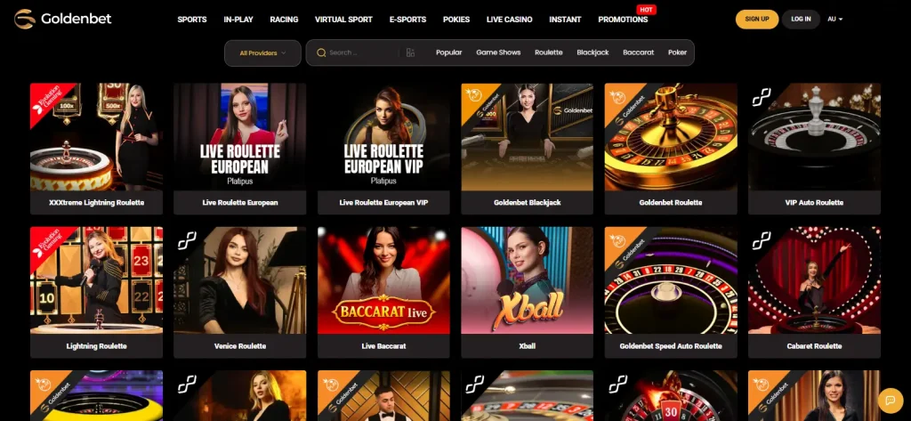 Goldenbet Live Casino lobby showing live table categories