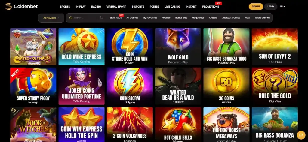 Goldenbet pokies and slots catalogue with provider and category filters