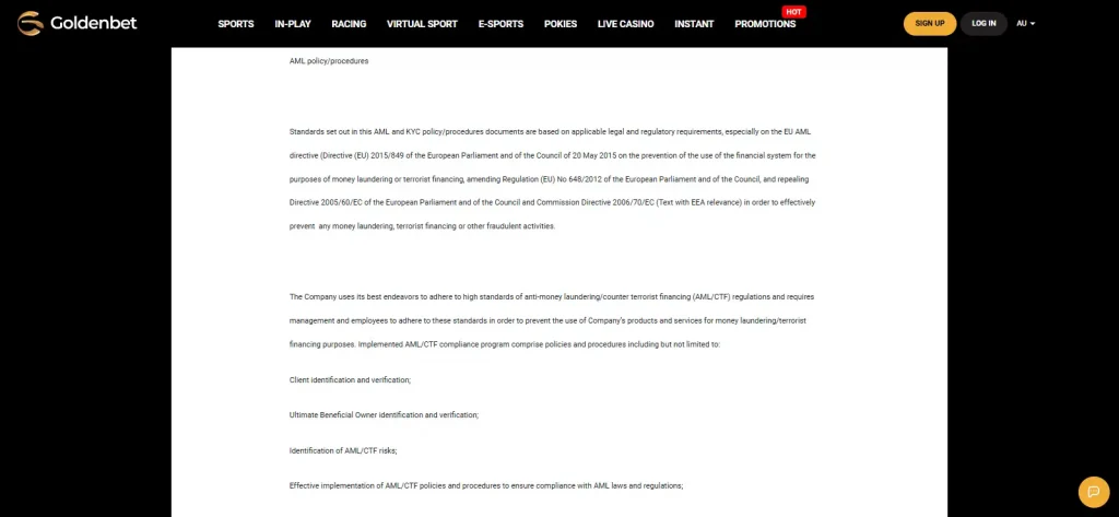 Goldenbet registration or AML KYC account screen
